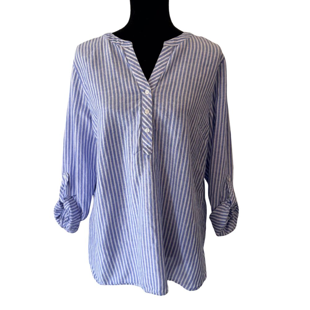 TALBOT'S Linen/Cotton Blend Relaxed Coastal Roll Cuff Tunic Blue/White Stripe L